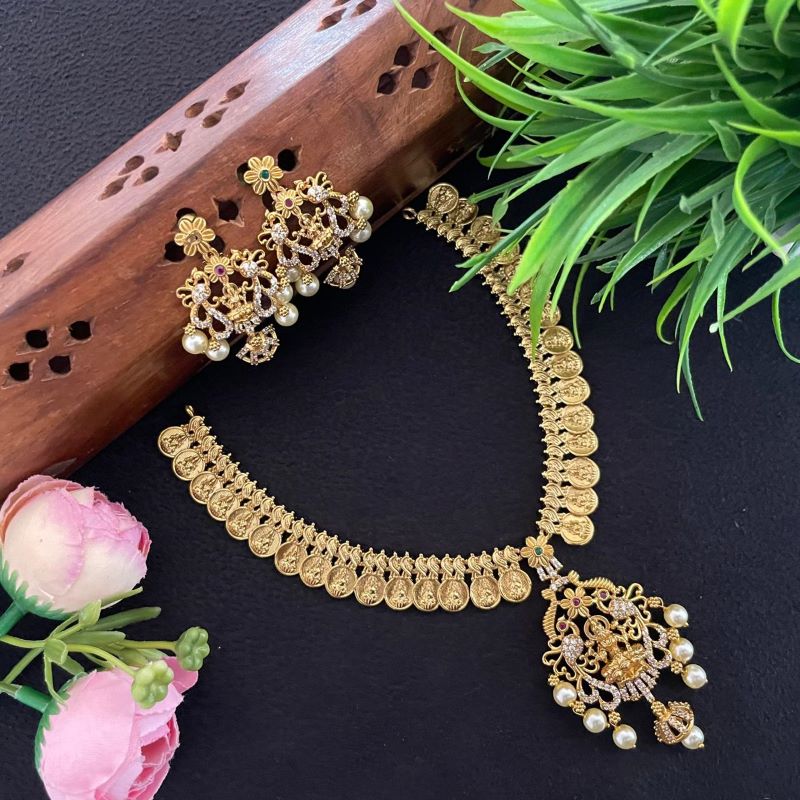 White stone Lakshmi Devi kasu malai NECKLACE