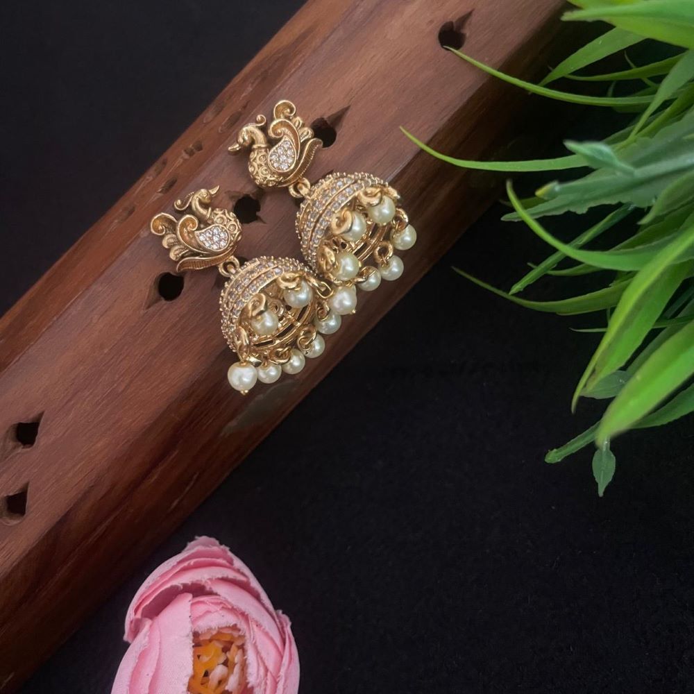 GOLD PLATED PEACOCK INSPIRED JHUMKA WITH PEARL DRO