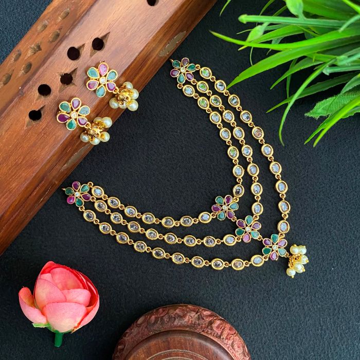 THREE LAYER MULTI COLOUR STONE  NECKLACE